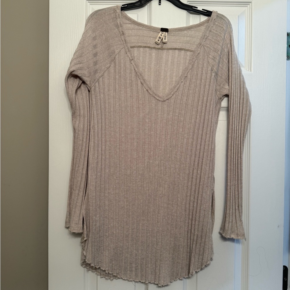 Free People Ribbed Long Sleeve Top - Light Tan
